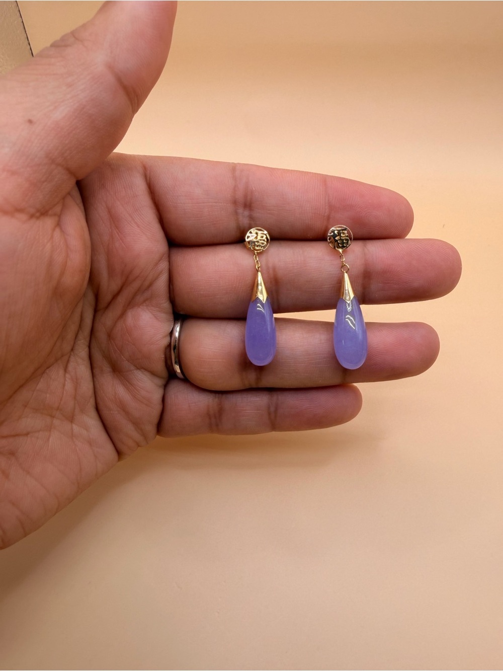 14k Yellow Gold Lavander Jade Earrings.